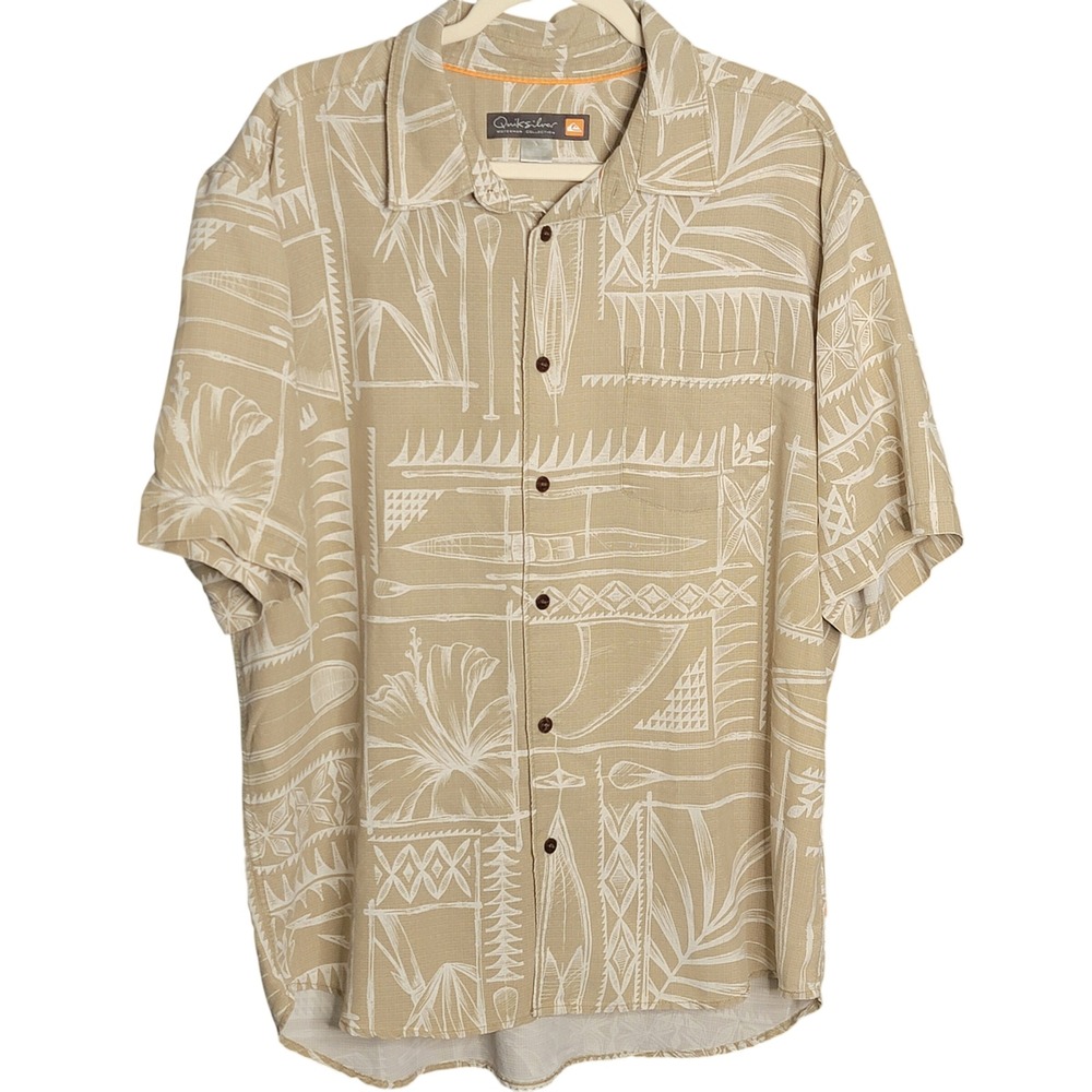 Quiksilver Waterman Collection Shirt‎ XL Tan Tribal Floral Hawaiian Tropical